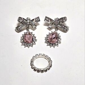 Cubic Zirconia Bow Earrings with Pink Crystal and Stretch Crystal Ring Size 5